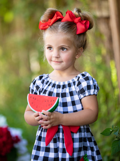 Toddler Spring Dresses | Puff Sleeves Plaid Watermelon Applique Dress