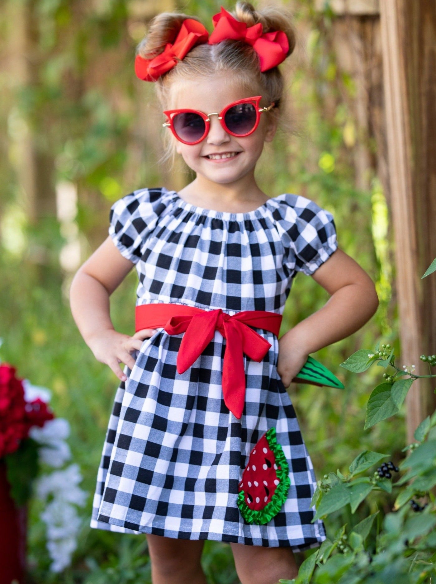 Toddler Spring Dresses | Puff Sleeves Plaid Watermelon Applique Dress