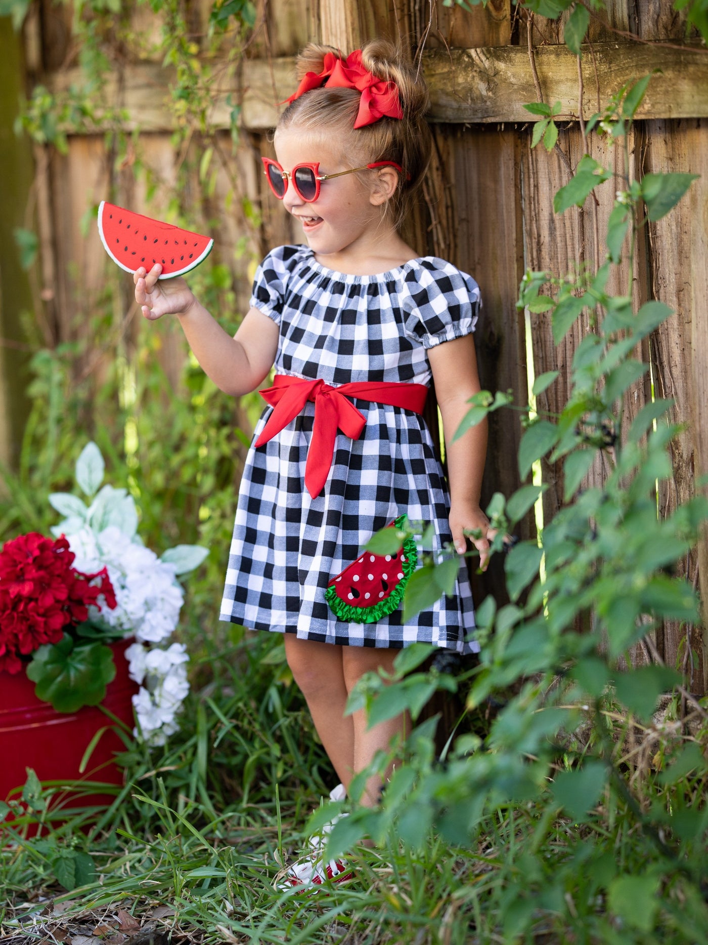 Toddler Spring Dresses | Puff Sleeves Plaid Watermelon Applique Dress