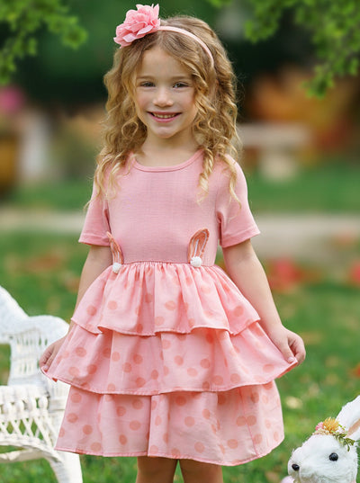 Girls Dotted Bunny Ears Easter Ruffle Tiered Dress - Mia Belle Girls
