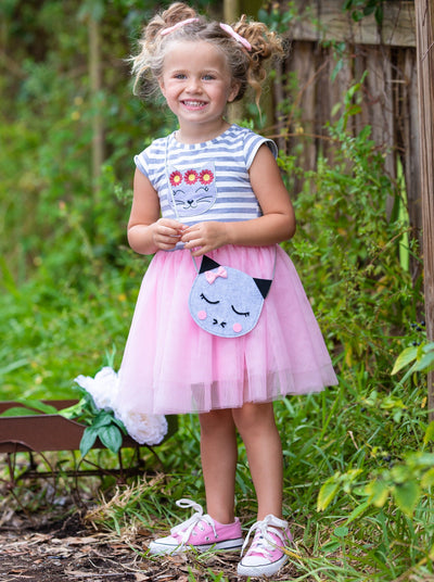  Toddler Spring Dresses | Girls Kitten Applique Tutu Dress & Purse Set
