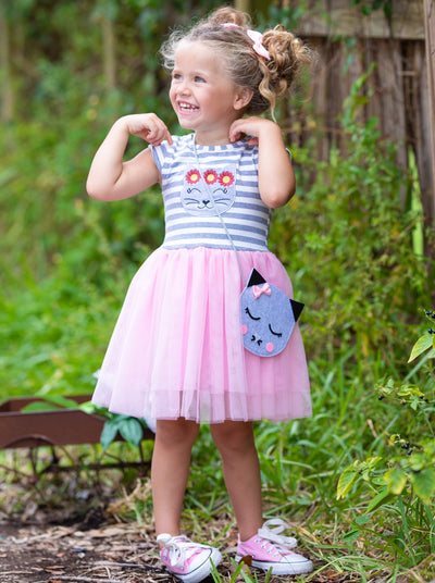  Toddler Spring Dresses | Girls Kitten Applique Tutu Dress & Purse Set