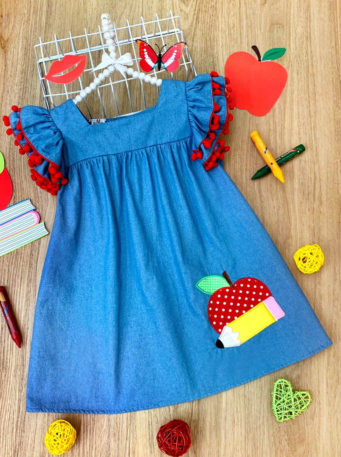 First Day of School | Cute Apple Chambray Dress | Mia Belle Girls