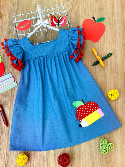 First Day of School | Cute Apple Chambray Dress | Mia Belle Girls