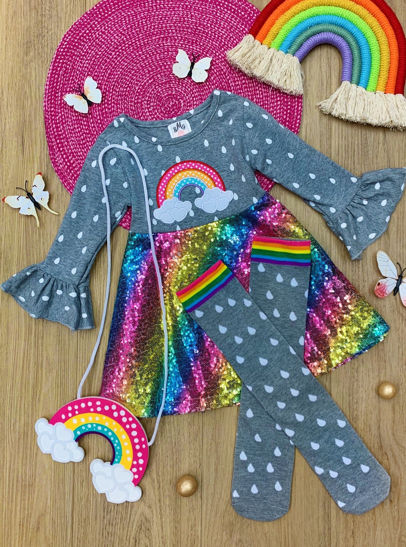Girls Spring Outfits | Sequin Rainbow Dress Knee High Sock &Purse Set