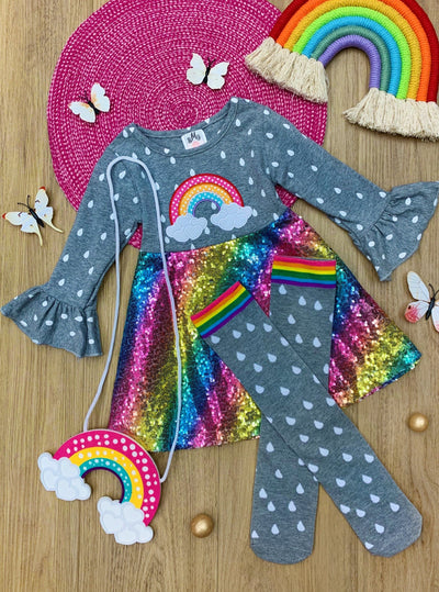 Girls Spring Outfits | Sequin Rainbow Dress Knee High Sock &Purse Set