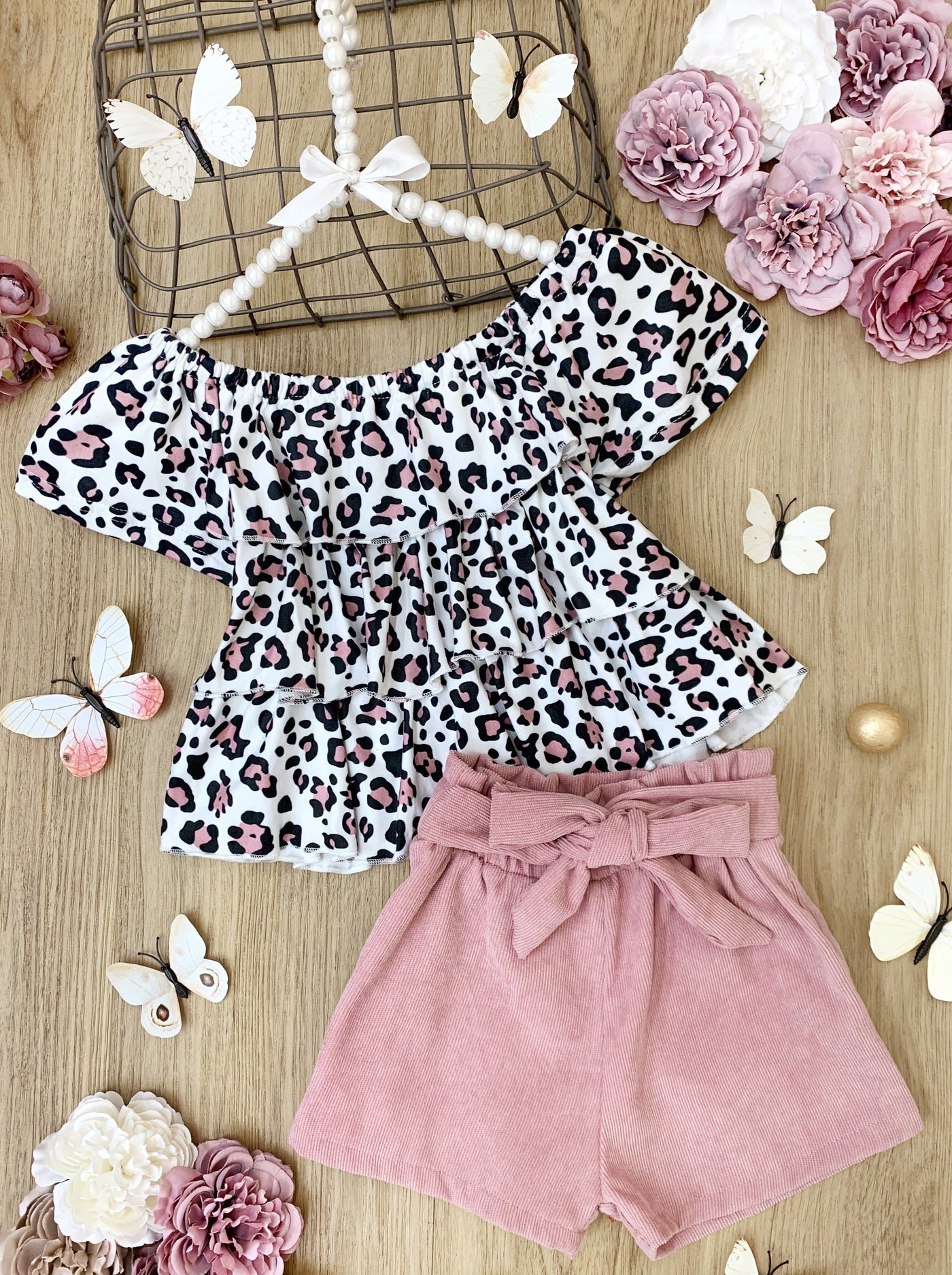 Spring Outfits | Girls Leopard Print Ruffle Top & Paperbag Shorts Set