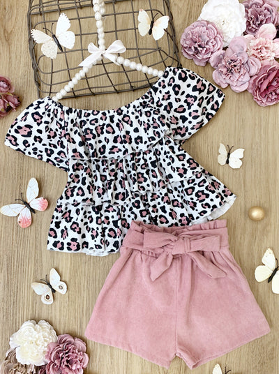 Spring Outfits | Girls Leopard Print Ruffle Top & Paperbag Shorts Set