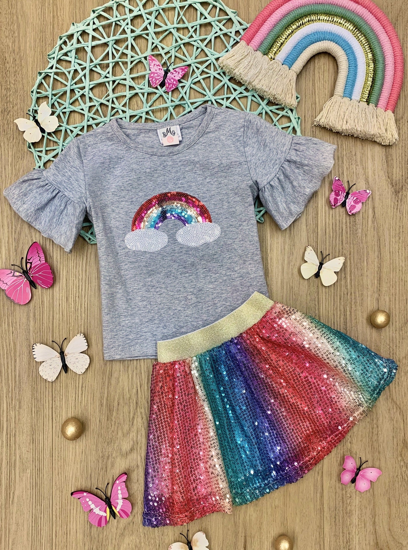 Girls Spring Outfits | Rainbows & Clouds Top & Sequin Skirt Set