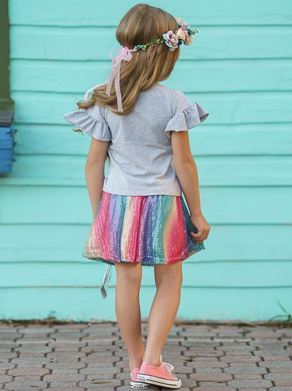 Girls Spring Outfits | Rainbows & Clouds Top & Sequin Skirt Set