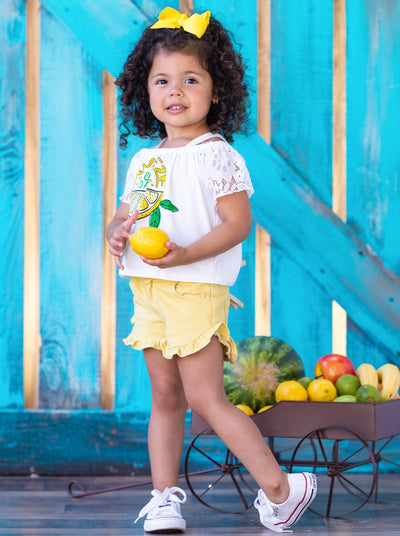 Girls Spring Outfits | White Lace Lemon Top & Yellow Denim Shorts Set