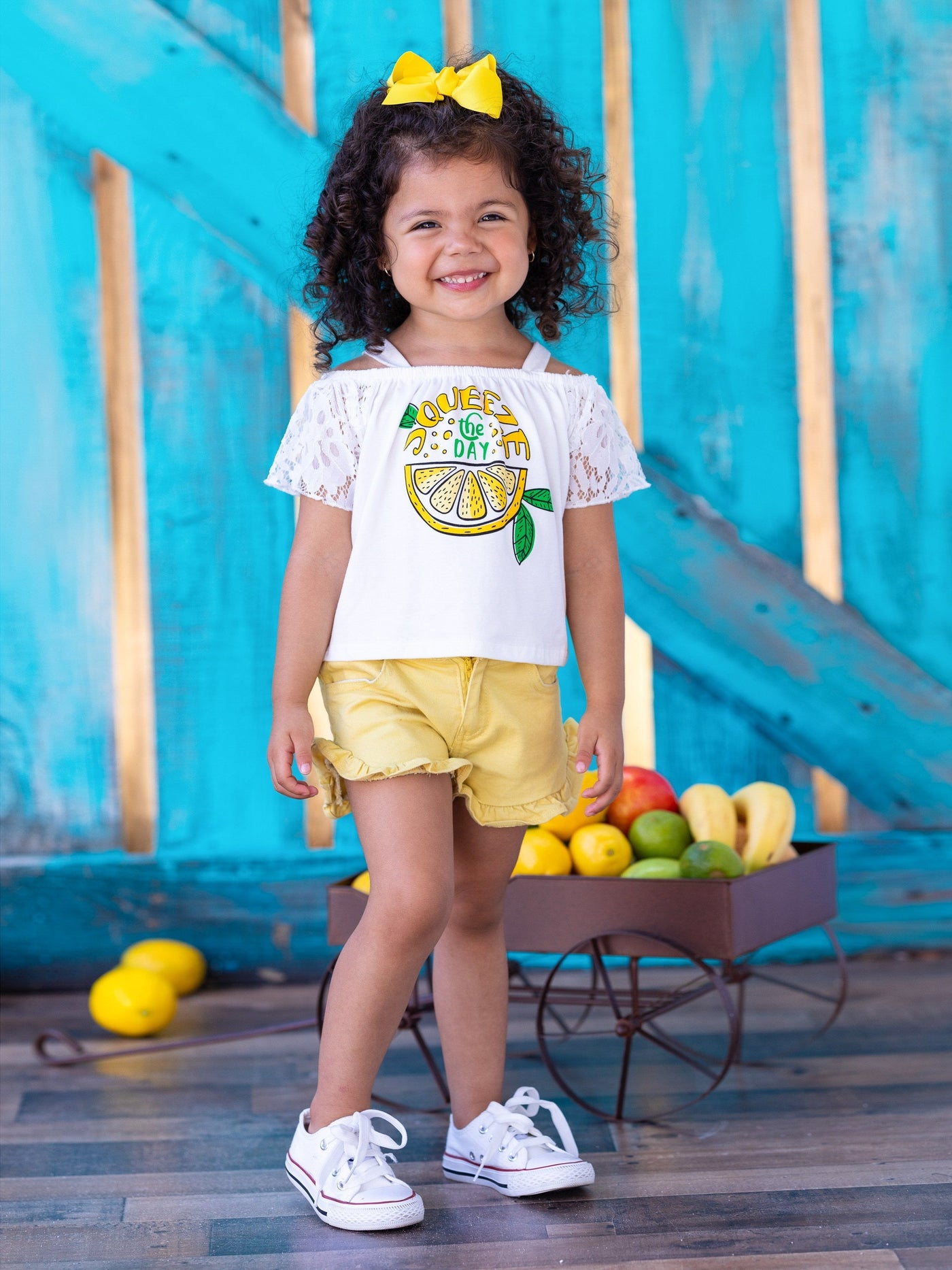 Girls Spring Outfits | White Lace Lemon Top & Yellow Denim Shorts Set