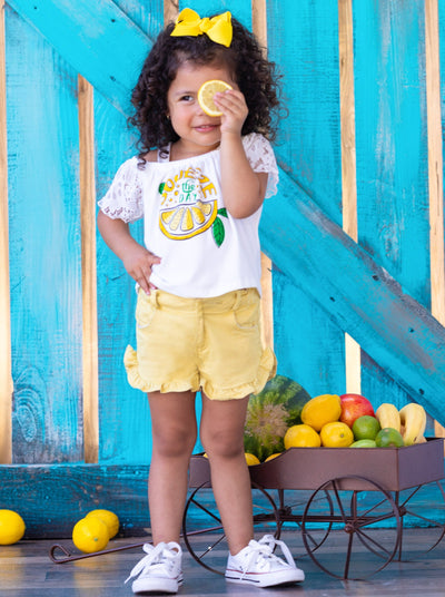 Girls Spring Outfits | White Lace Lemon Top & Yellow Denim Shorts Set