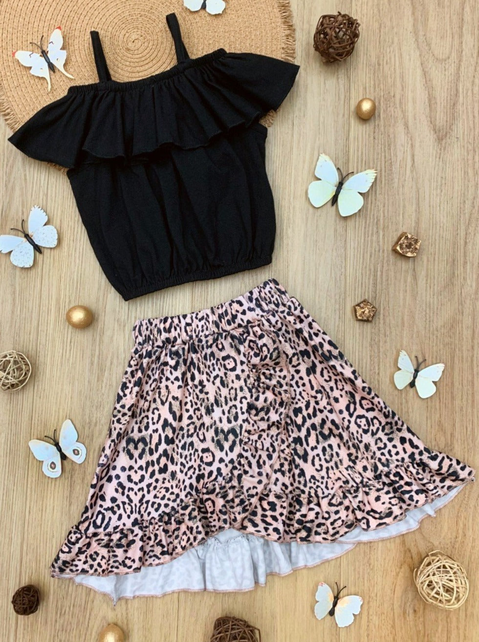 Girls Spring Black Cold Shoulder Top & Leopard Print Wrap Skirt Set