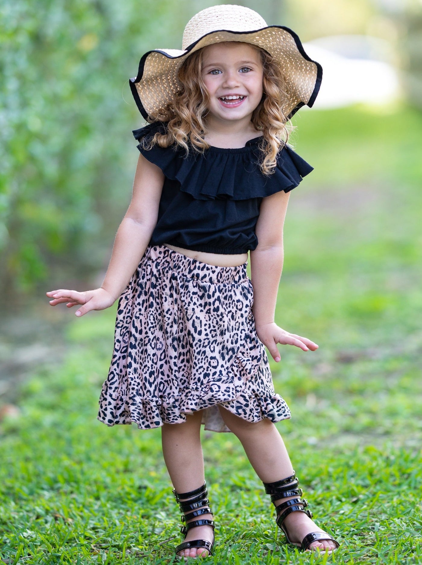 Girls Spring Black Cold Shoulder Top & Leopard Print Wrap Skirt Set