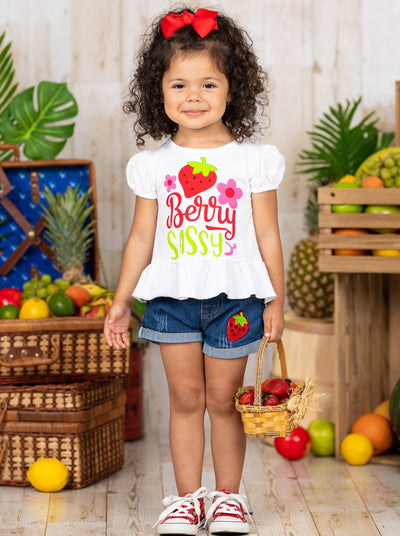Girls Spring Outfits | Berry Sassy Graphic Tee & Denim Shorts Set