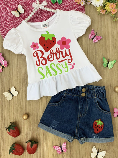 Girls Spring Outfits | Berry Sassy Graphic Tee & Denim Shorts Set