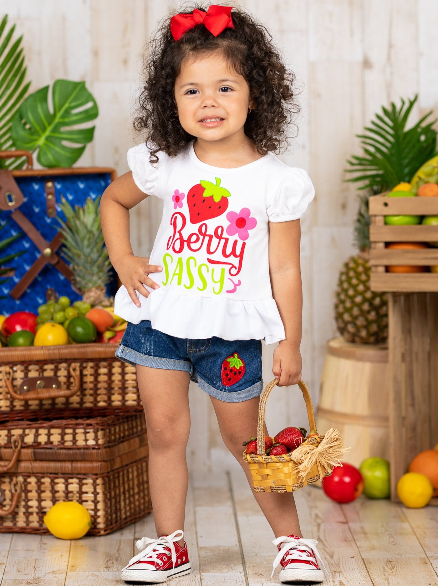 Girls Spring Outfits | Berry Sassy Graphic Tee & Denim Shorts Set