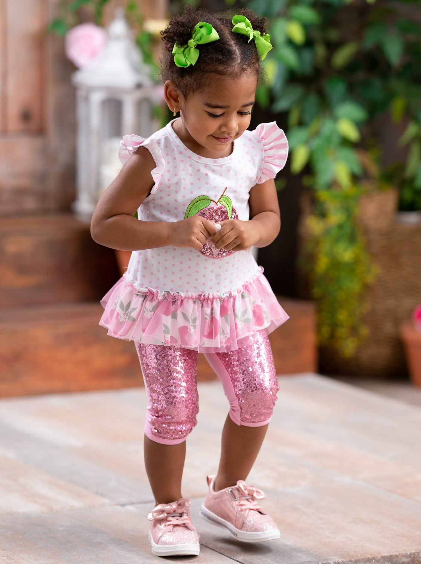 Girls Spring Outfits | Sequin Peach Polka Dot Top & Capris Legging Set