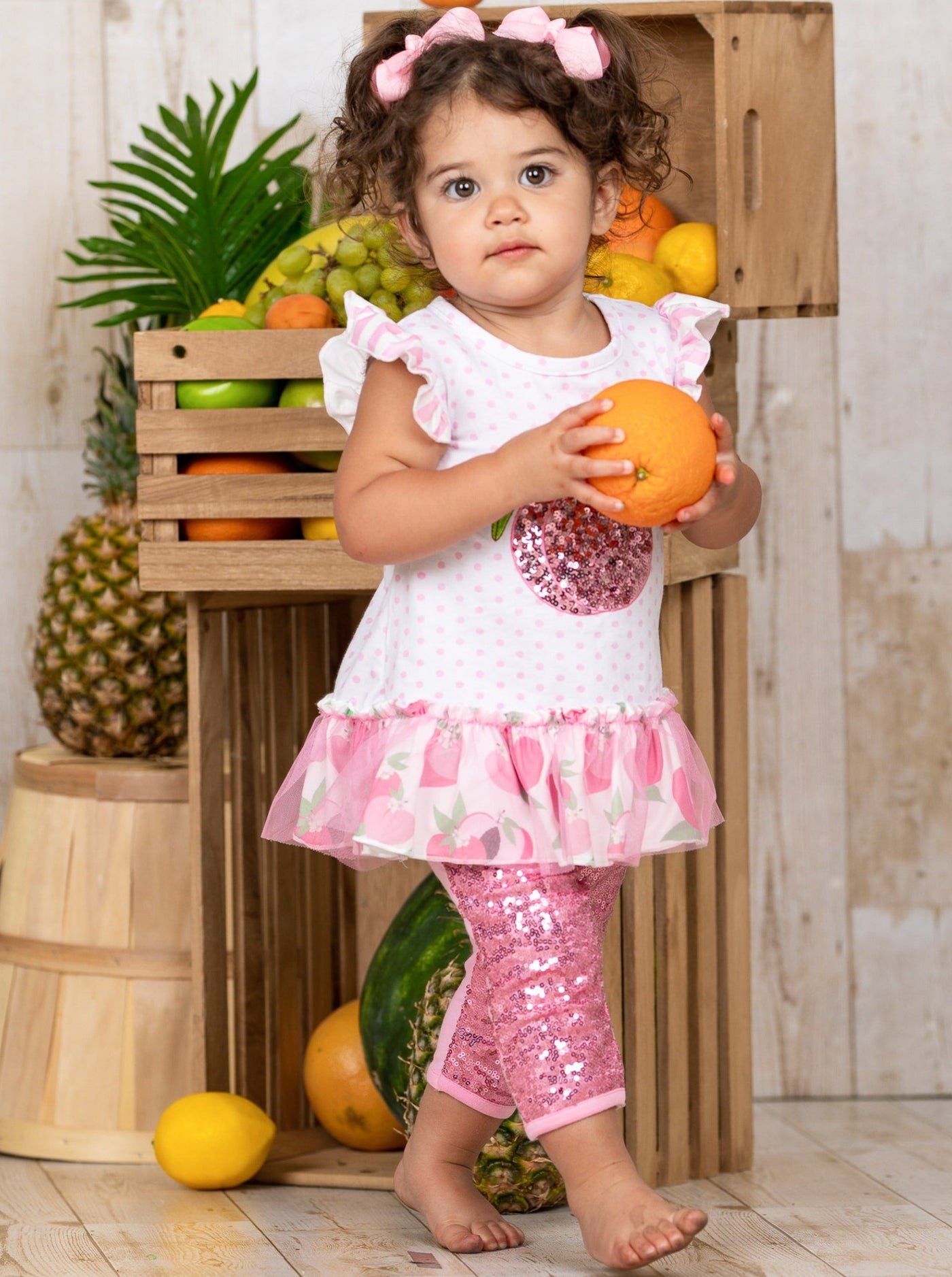 Girls Spring Outfits | Sequin Peach Polka Dot Top & Capris Legging Set