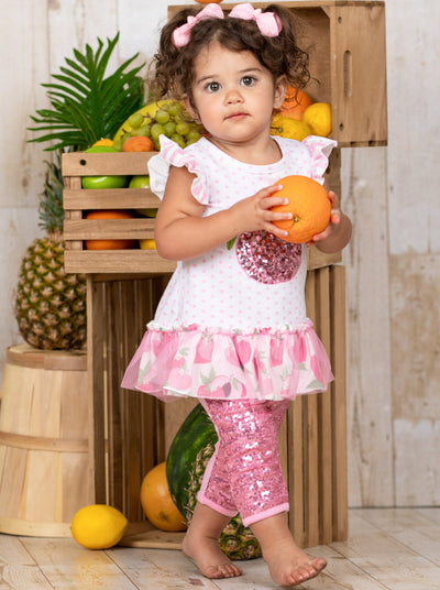 Girls Spring Outfits | Sequin Peach Polka Dot Top & Capris Legging Set