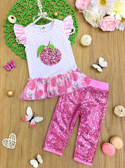 Girls Spring Outfits | Sequin Peach Polka Dot Top & Capris Legging Set