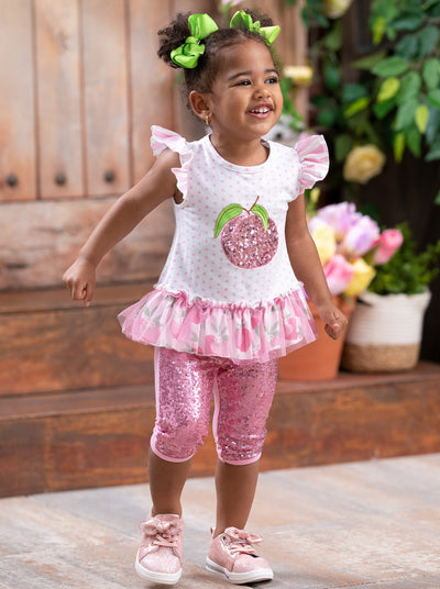 Girls Spring Outfits | Sequin Peach Polka Dot Top & Capris Legging Set