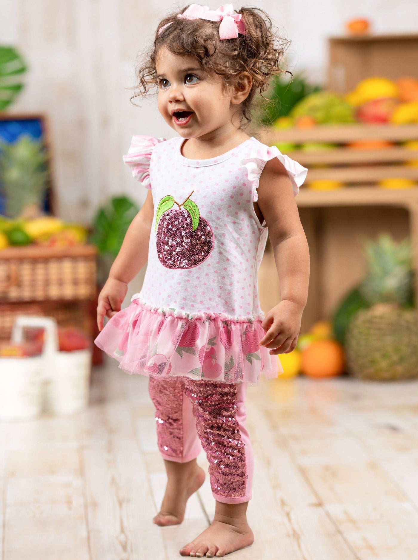 Girls Spring Outfits | Sequin Peach Polka Dot Top & Capris Legging Set