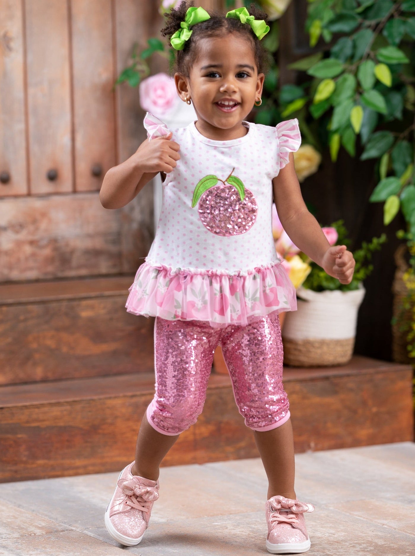 Girls Spring Outfits | Sequin Peach Polka Dot Top & Capris Legging Set