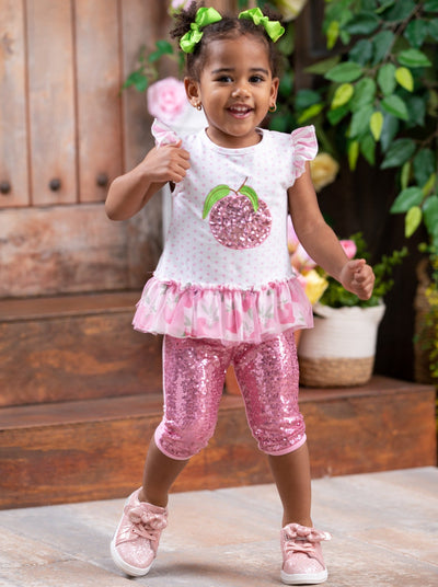 Girls Spring Outfits | Sequin Peach Polka Dot Top & Capris Legging Set