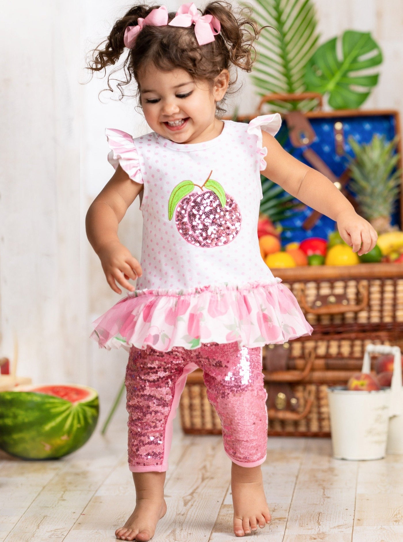 Girls Spring Outfits | Sequin Peach Polka Dot Top & Capris Legging Set