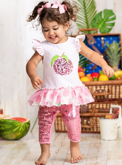 Girls Spring Outfits | Sequin Peach Polka Dot Top & Capris Legging Set