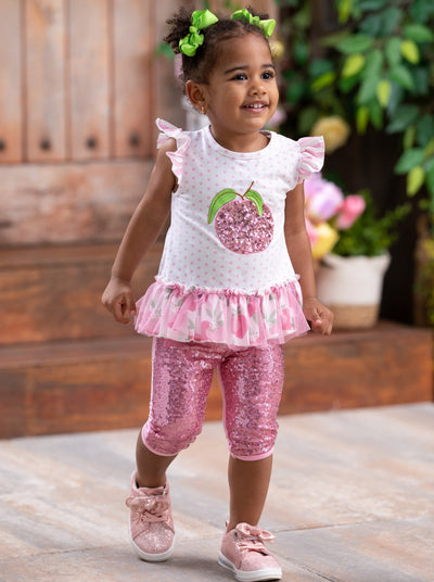 Girls Spring Outfits | Sequin Peach Polka Dot Top & Capris Legging Set
