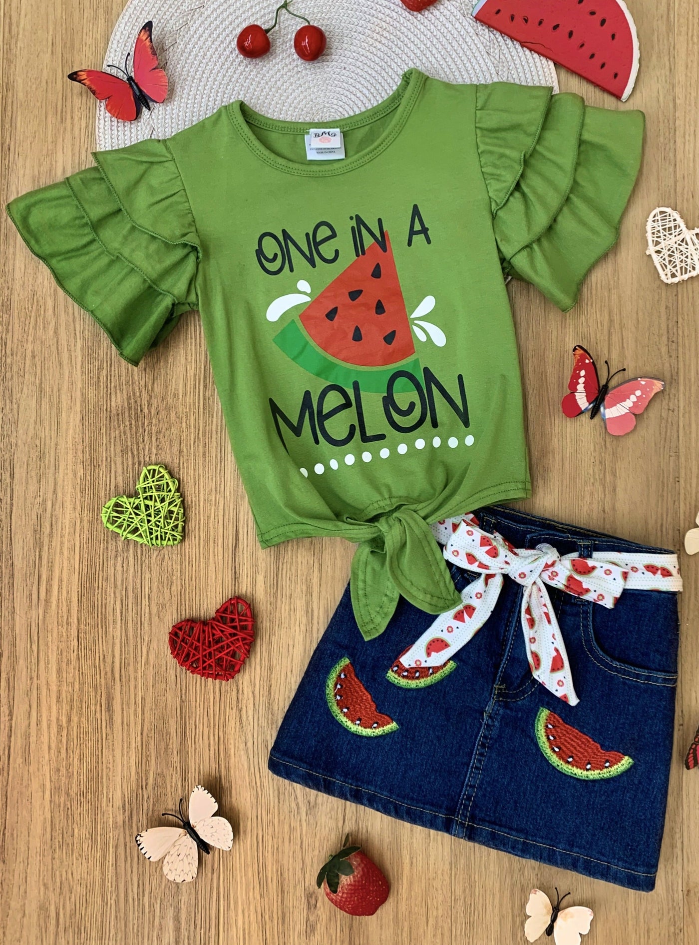 Girls Cute Spring Outfits |  One in a Melon Knotted Top & Skirt Set