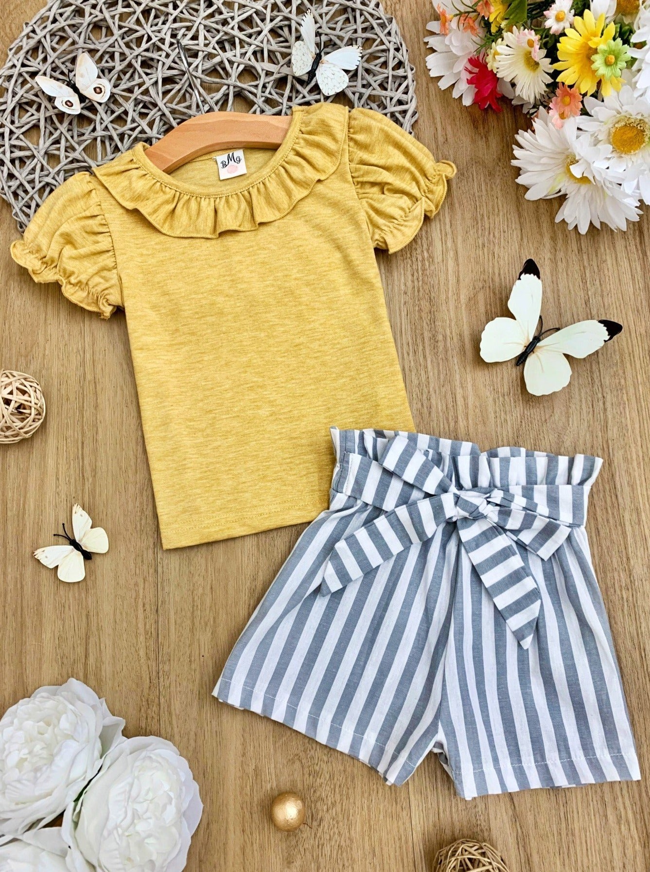 Toddler Spring Outfits | Girls Ruffle Bib Top & Striped Shorts Set