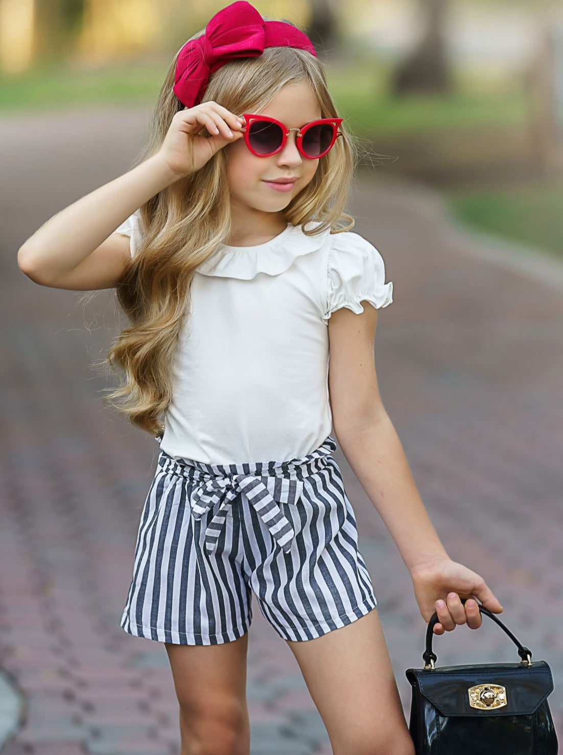 Toddler Spring Outfits | Girls Ruffle Bib Top & Striped Shorts Set