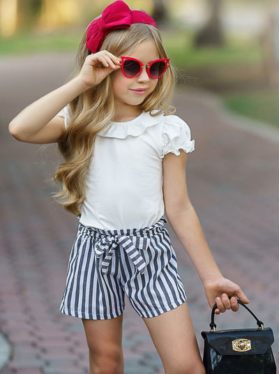 Toddler Spring Outfits | Girls Ruffle Bib Top & Striped Shorts Set
