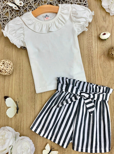Toddler Spring Outfits | Girls Ruffle Bib Top & Striped Shorts Set