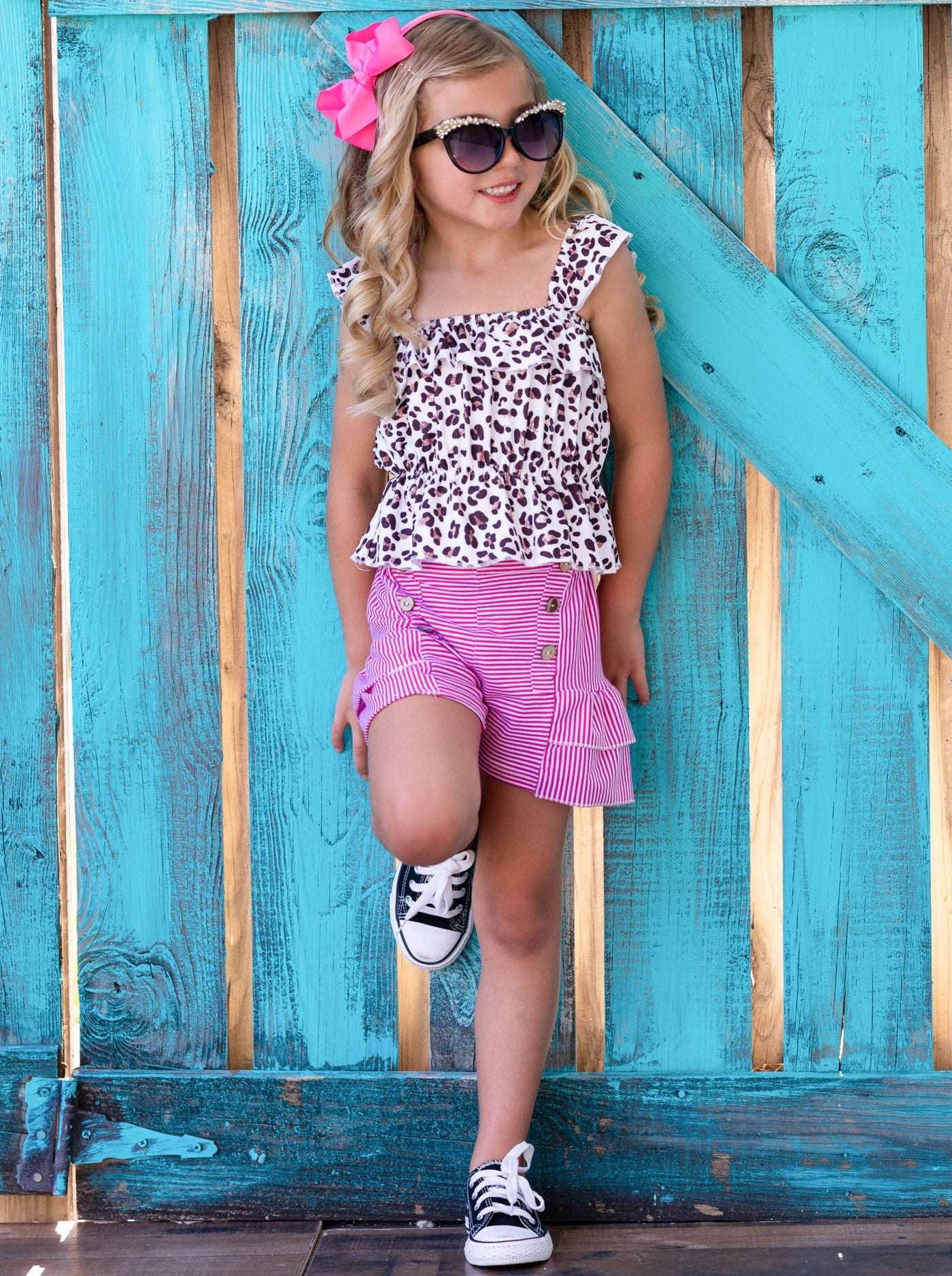Girls Spring Outfits | Leopard Ruched Top & Striped Ruffle Shorts Set