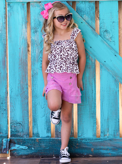 Girls Spring Outfits | Leopard Ruched Top & Striped Ruffle Shorts Set
