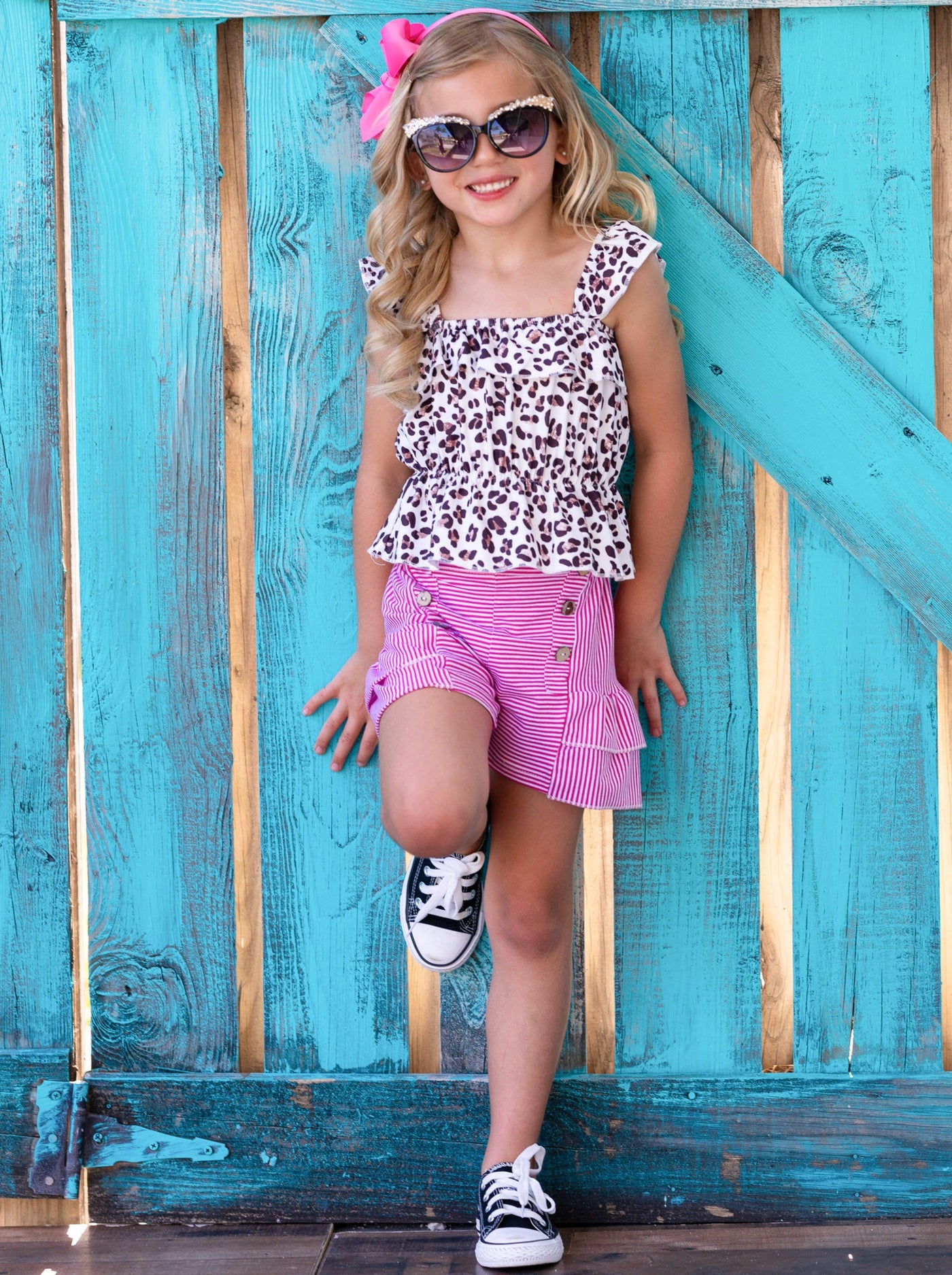 Girls Spring Outfits | Leopard Ruched Top & Striped Ruffle Shorts Set