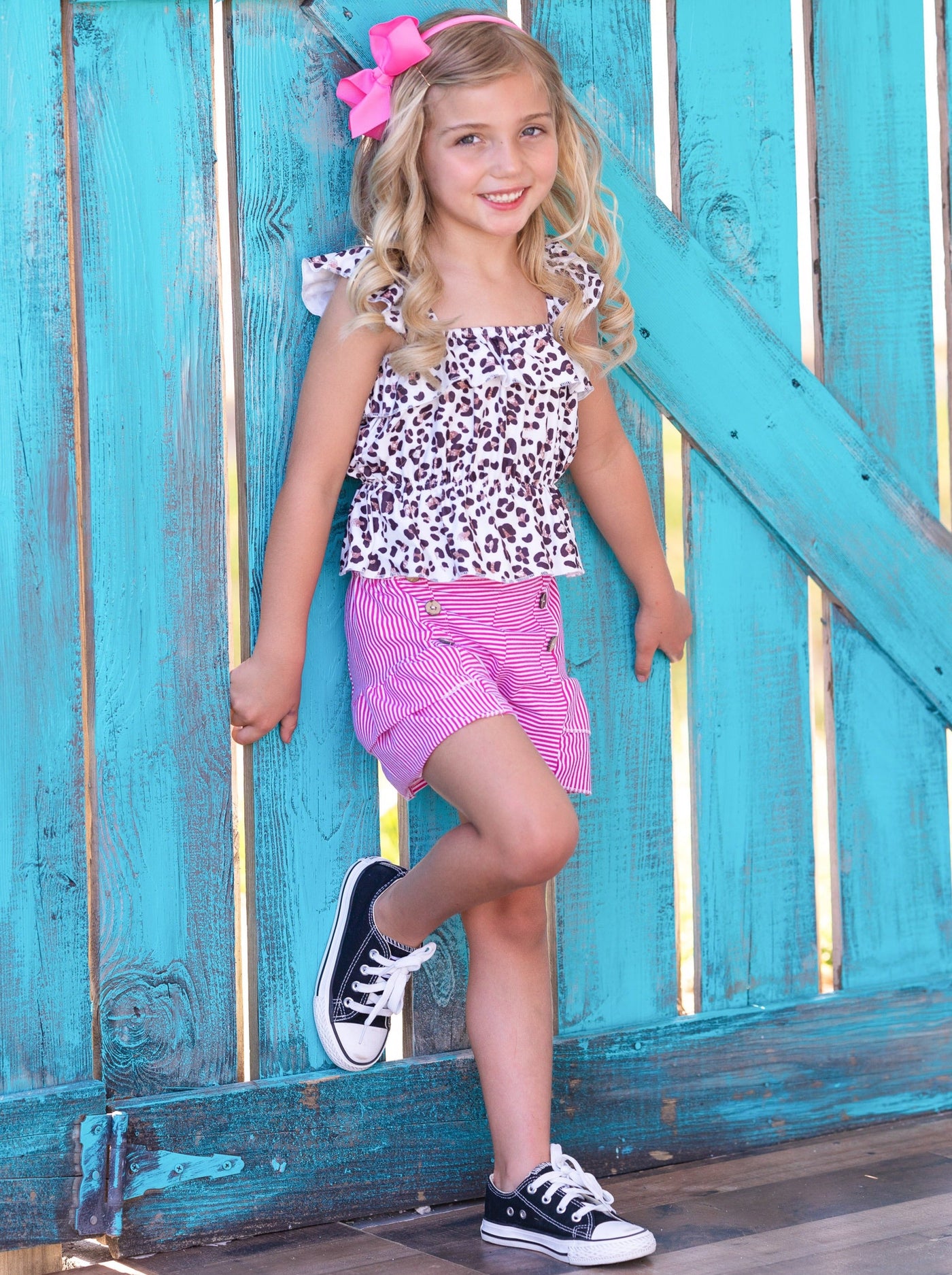 Girls Spring Outfits | Leopard Ruched Top & Striped Ruffle Shorts Set