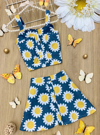 Girls Floral Button Down Tank Top and Skirt Set - Mia Belle Girls