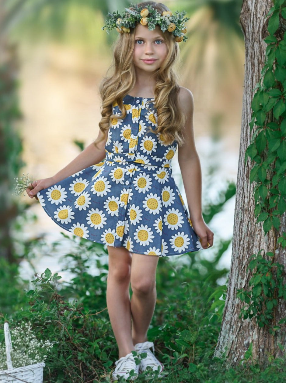 Girls Floral Button Down Tank Top and Skirt Set - Mia Belle Girls