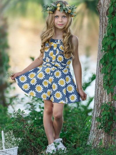 Girls Floral Button Down Tank Top and Skirt Set - Mia Belle Girls