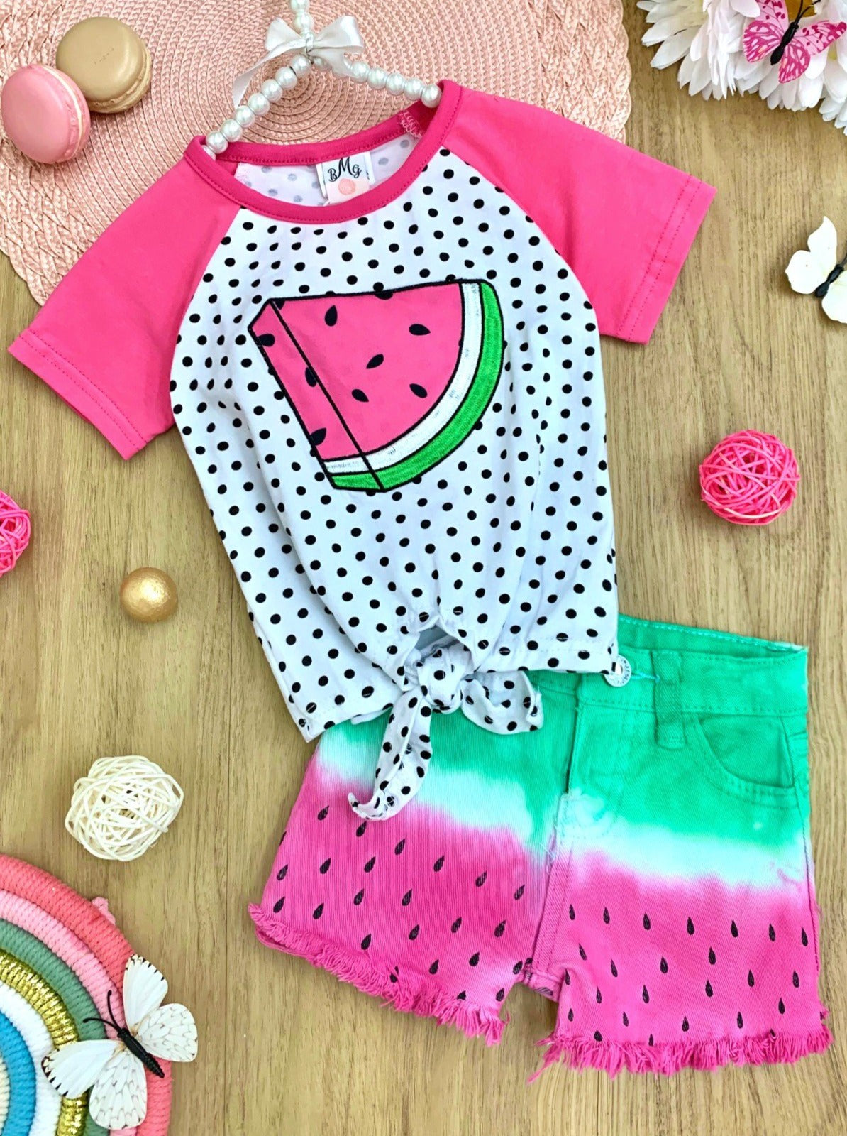 Girls Raglan Watermelon Polka Dot Knot Hem Top & Tie-Dye Shorts Set