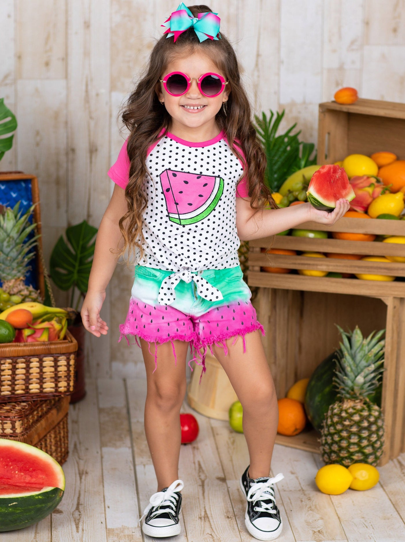 Girls Raglan Watermelon Polka Dot Knot Hem Top & Tie-Dye Shorts Set