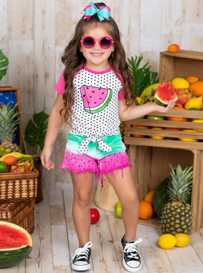 Girls Raglan Watermelon Polka Dot Knot Hem Top & Tie-Dye Shorts Set