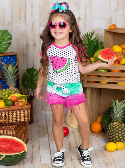 Girls Raglan Watermelon Polka Dot Knot Hem Top & Tie-Dye Shorts Set
