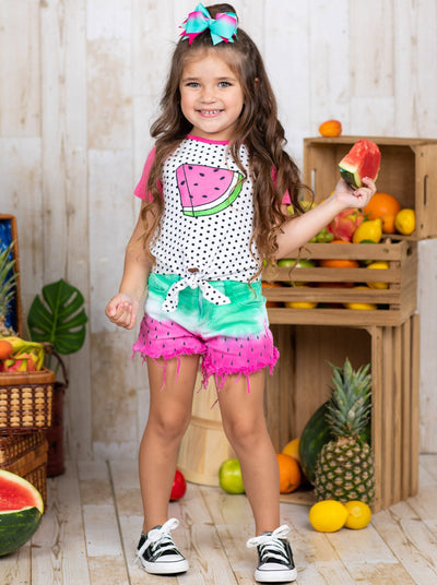 Girls Raglan Watermelon Polka Dot Knot Hem Top & Tie-Dye Shorts Set
